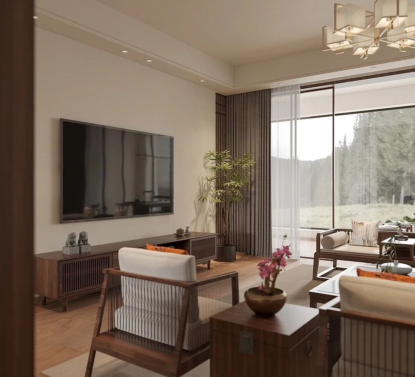 硅藻泥装修案例效果图片：清隽高雅的新中式风格的居室空间